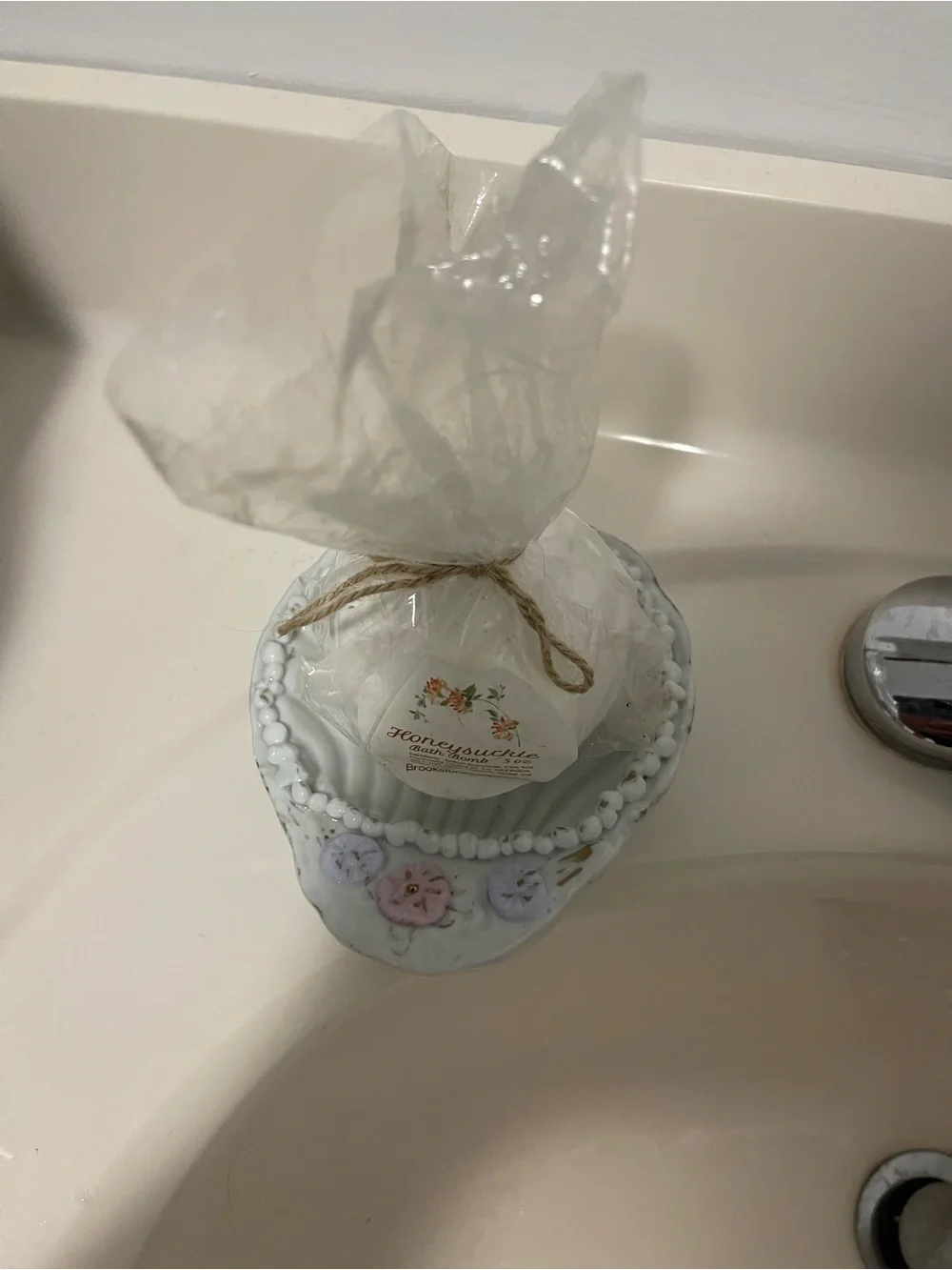 White ceramic soap dish with pink/Lavendar & New Honeysuckle Soap!